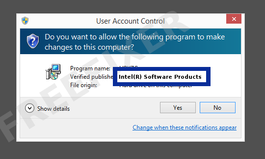 Screenshot where Intel(R) Software Products appears as the verified publisher in the UAC dialog